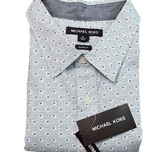 Michael Kors XL Classic Fit Prussian Blue Micro Print Stretch Shirt NWT
